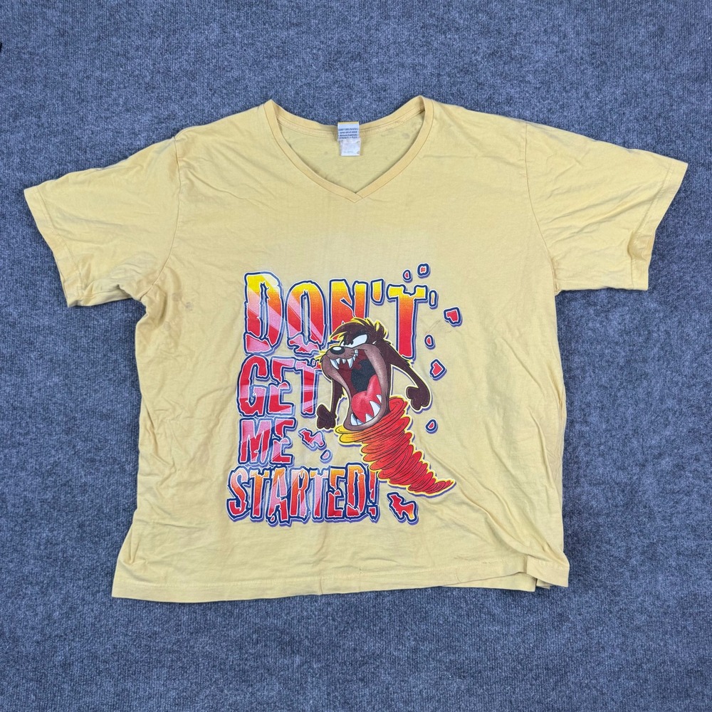 Looney Tunes T-Shirt Womens Size 2XL Yellow Taz Graphic V-Neck Short Sleeve Good